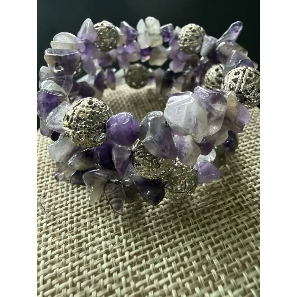 Amethyst Chip Gemstone Stretch Bracelet Purple Wide Boho Festival Statement - Picture 2 of 4